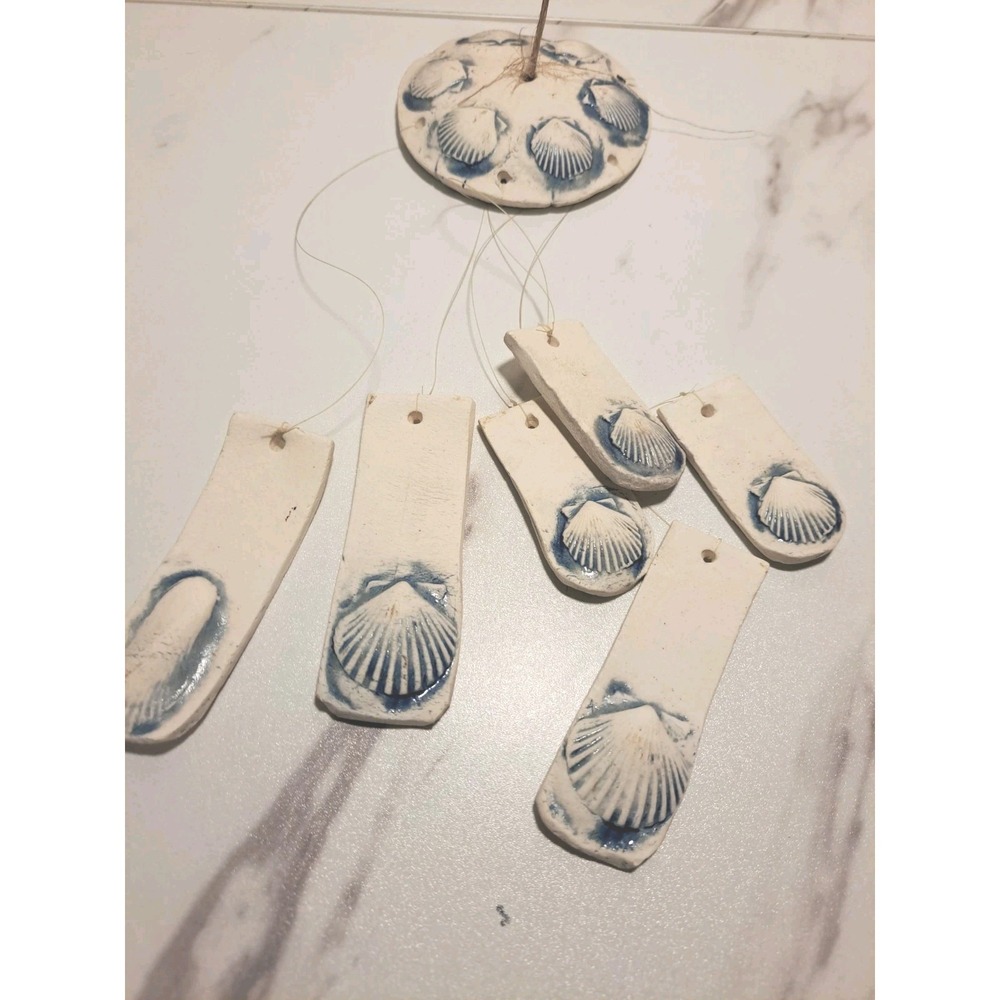 Shell Themed Wind Chime Porcelain/Clay (?) White and Blue Beach House Summer